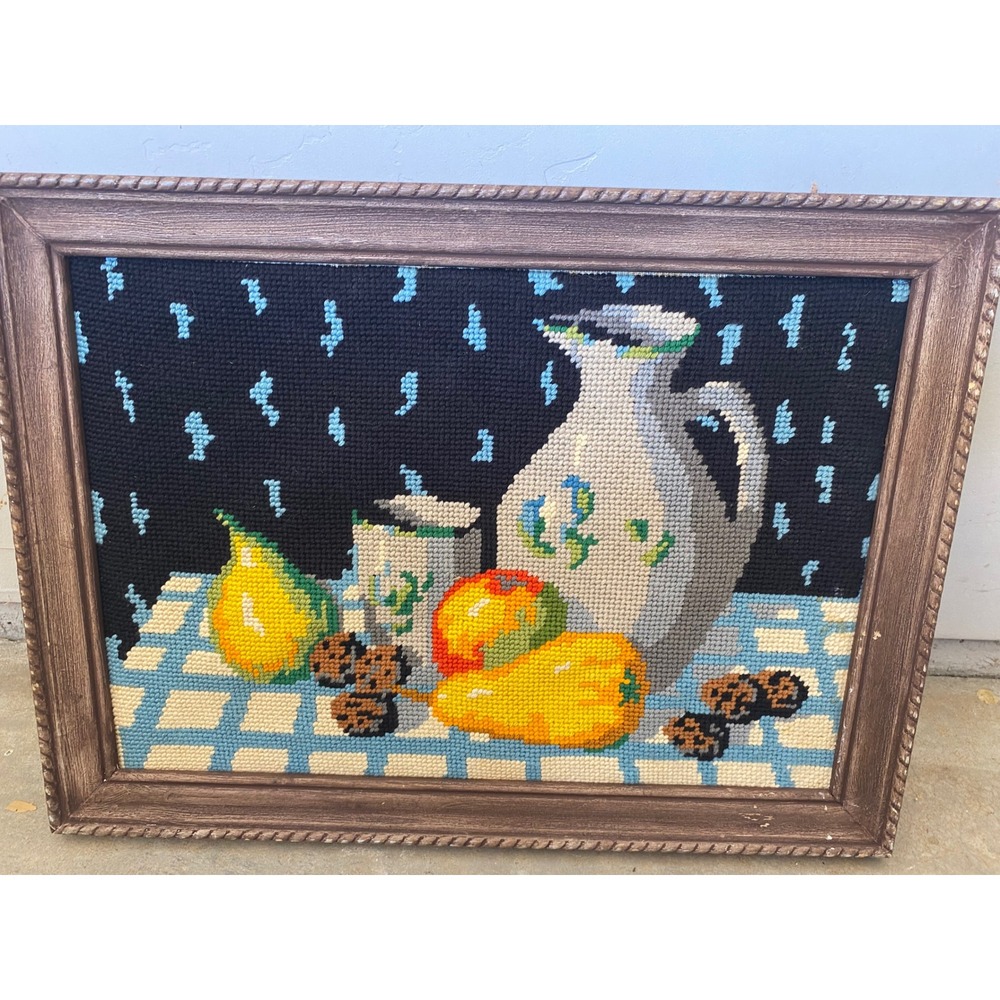 Vintage Needlepoint Still Life Wall Art Framed Fruit Pitcher Kitchen Decor